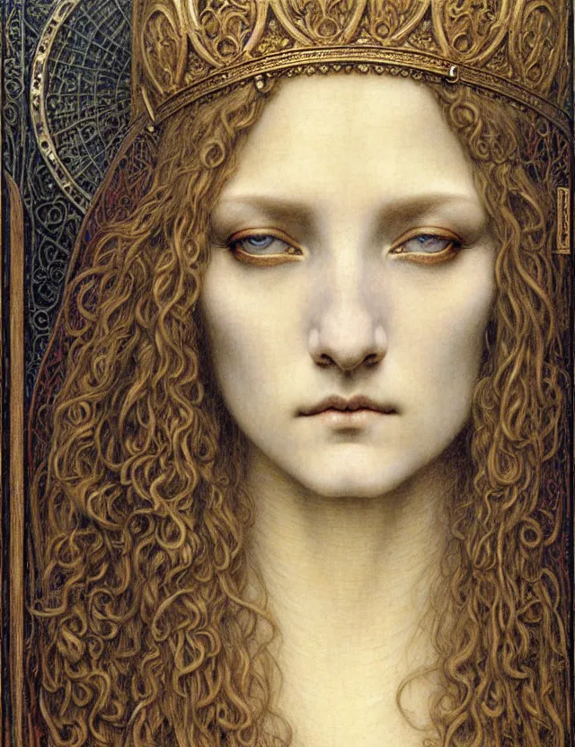 Image similar to detailed realistic beautiful young medieval queen face portrait by jean delville, gustave dore and marco mazzoni, art nouveau, symbolist, visionary, gothic, pre - raphaelite. horizontal symmetry