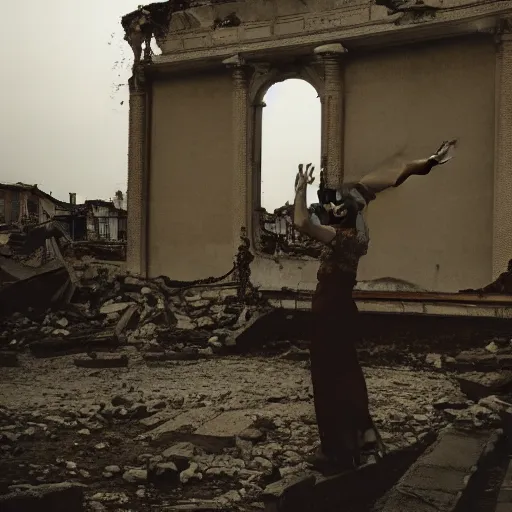 Prompt: the last person on Earth, standing in the ruins of the city waving at the camera, low angle, cinematic, low light