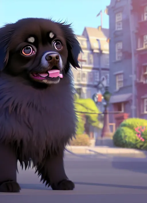 Prompt: a wholesome animation key shot of a black tibetan spaniel, london bus in the background, studio ghibli, pixar and disney animation, sharp, rendered in unreal engine 5, anime key art by greg rutkowski, bloom, dramatic lighting