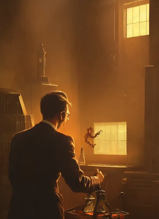 Image similar to A demon in office attire, looks at a shrunk human in a jar, in his cubicle, sunrays, dust in the air, DnD character, unreal engine, octane render, dramatic lighting, pond, digital art, by Stanley Artgerm Lau, greg rutkowski, thomas kindkade, alphonse mucha, loish, norman Rockwell,