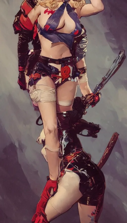 Image similar to margot robbie as harley quinn in a pin - up pose figure by artgerm, greg rutkowski and alphonse mucha, concept art, matte, intricate, full body, epic composition