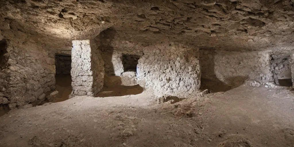 Prompt: archeological discovery of a perfectly well preserved medieval castle underground