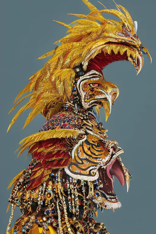 Prompt: masterful fantastic realist painting an exotic ancient feathered and bejeweled bird wearing an exquisite and fiercely painted bugaku mask of a tiger, gold chains strung like tinsel, digital painting trending on artstation, viciously blinded, shimmering opal, persian textile patterns, volumetric lighting and mist, cosplay, portrait painting, hyperrealistic, octane render