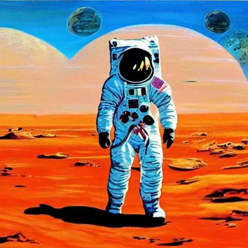 Prompt: a painting of an astronaut looking into outer space while he stands on Mars. He sees another planet in the distance. The view is behind the astronaut