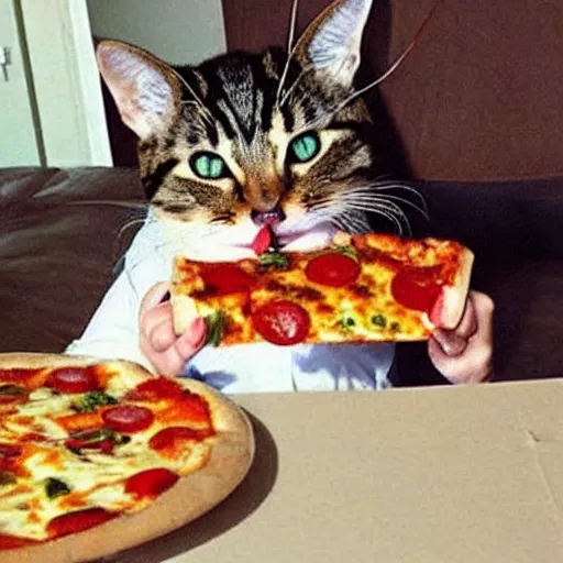 Image similar to realistic photo of a cute cat eating pizza