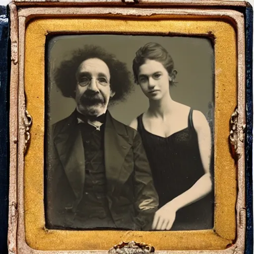 Image similar to portrait of ballerina and einstein posing together, daguerreotype