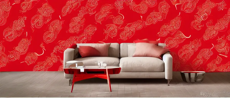 Image similar to a beautiful 4 k hd wall paper illustration of roasted string hotpot, red wallpaper design, simple style, kebab hotpot style, commercial kebab hotpot wallpaper display, wall painting, from china, simple structure, surrealistic, chinese style, victo ngai, denoise, deblurring