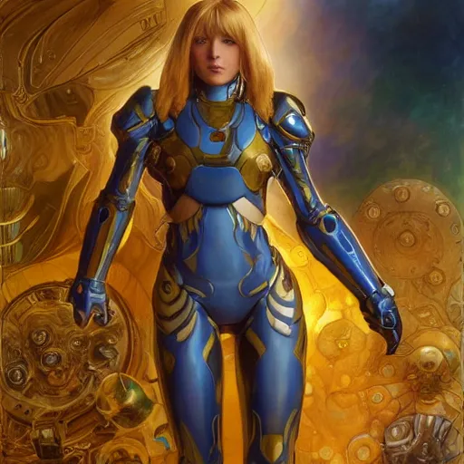 Image similar to Samus Aran from Metroid with golden armor drawn by Donato Giancola and Tom Bagshaw, face by Artgerm, overall design by Alphonse Mucha, background by James Jean and Gustav Klimt, light by Julie Bell, 4k, porcelain skin, komorebi, french nouveau, trending on artstation, octane render, hyperrealistic