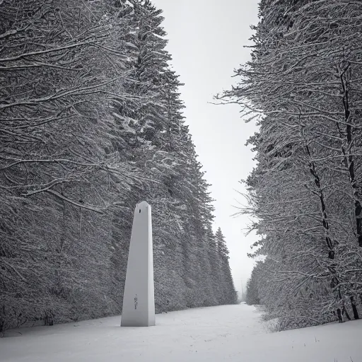 Prompt: a large, white obelisk floating above the ground in a taiga. snowing, grainy, overcast sky,