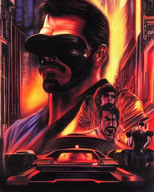 Image similar to cel - shaded drdisrespect in blade runner airbrush, drew struzan illustration art, key art