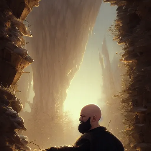 Prompt: highly detailed portrait from a balded gothic man with designer beard, stephen bliss, unreal engine, fantasy art by greg rutkowski, loish, rhads, ferdinand knab, makoto shinkai and lois van baarle, ilya kuvshinov, rossdraws, tom bagshaw, global illumination, radiant light, detailed and intricate environment