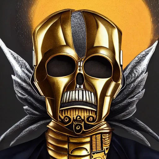 Prompt: hyperdetailed, realistic illustration of c 3 p 0 with silver bat wings and a gold dear skull for a head