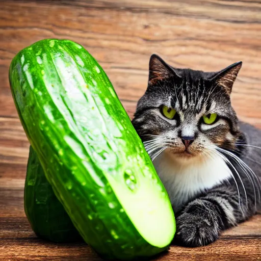 Prompt: photo of giant [ cucumber ] next to a cat, taken with canon eos - 1 d x mark iii, bokeh, sunlight, studio 4 k