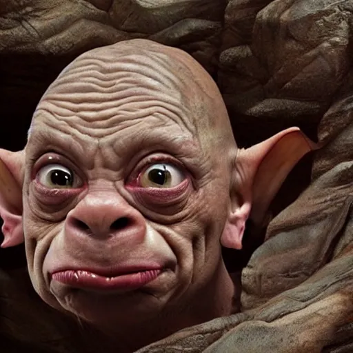 Image similar to hyperrealistic mixed media high resolution painting of (Danny DeVito) Gollum perched in a dark cave, stunning 3d render inspired art by Jamie Salmon and István Sándorfi and Unreal Engine and Greg Rutkowski, perfect facial symmetry, dim volumetric lighting, 8k octane beautifully detailed render, full body shot, post-processing, extremely hyper-detailed, intricate, epic composition, highly detailed attributes, highly detailed atmosphere, cinematic lighting, masterpiece, trending on artstation, very very detailed, masterpiece, stunning, flawless completion, lifelike texture, perfection,