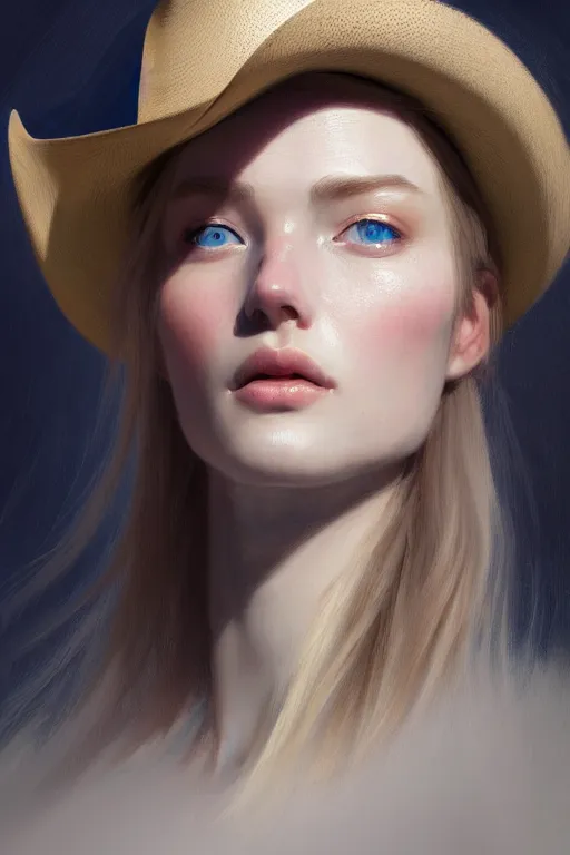 Image similar to ultra detailed facial portrait of beautiful nordic woman, blue eyes, wearing cowboy hat, extremely detailed digital painting, in the style of fenghua zhong and ruan jia and jeremy lipking and peter mohrbacher, mystical colors, rim light, beautiful lighting, 8 k, stunning scene, raytracing, octane, trending on artstation