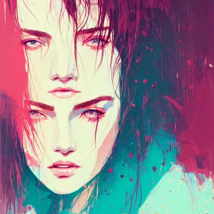 Image similar to close up portrait painting of a female in nineties street styling, concept art, intricate details, aesthetically pleasing pastel colors, art by conrad roset, impressionism, portrait