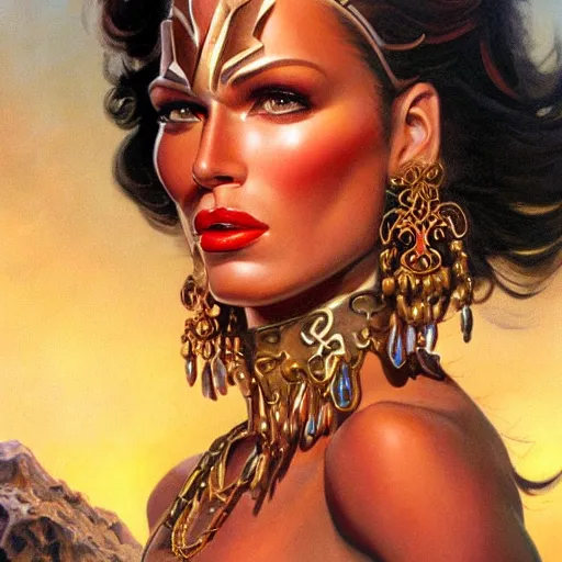 Prompt: detailed oil portrait of tall hyper - muscular shining bronze - skinned warrior woman with silver eyes, full body, with long wavy flowing black hair and big gold earrings, jewelry, red lipstick, makeup, feminine, volumetric lighting, dynamic composition, art by boris vallejo, scifi, concept art