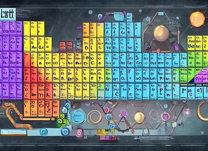 Image similar to Poster of a crazy periodic table from a different universe in the style of portal2, digital art, astonishing great details, award winning, high res