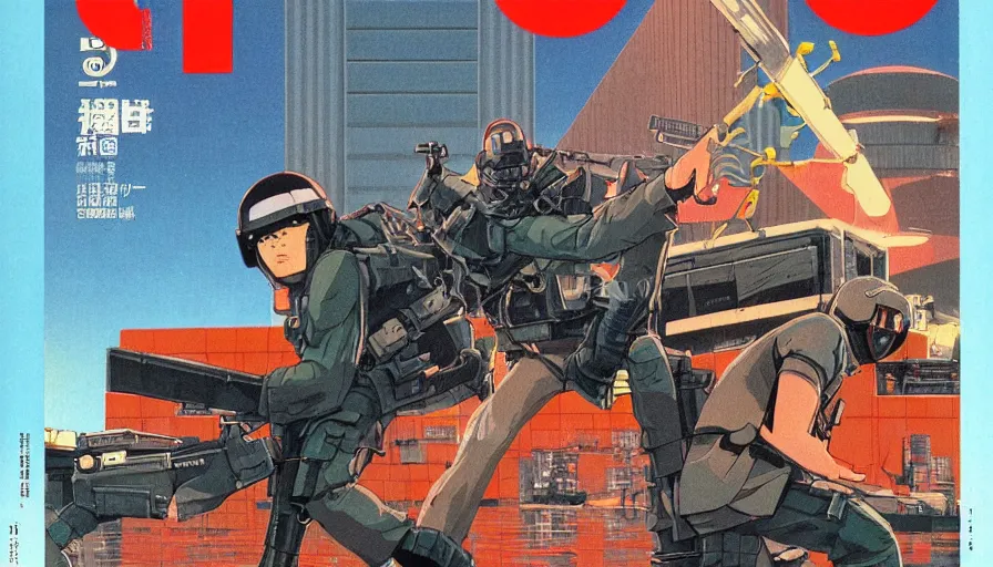 Prompt: 1979 OMNI Magazine Cover Illustration of neo-Tokyo bank robbery movie, Bank Robbery, Anime, Highly Detailed, Special Forces Security, Searchlights, Boat Dock, Special Agent, Water, Akira Color Palette, Inspired by Akira + MGS2 + FLCL, 8k :4 by Vincent Di Fate + Arc System works + Katsuhiro Otomo : 8