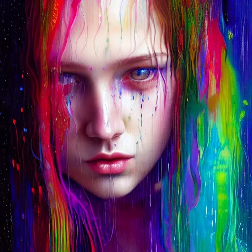 Image similar to portrait of girl in colored psychedelic rain with wet hair and face, fantasy, intricate, elegant, dramatic lighting, intense emotion, highly detailed, lifelike, photorealistic, digital painting, artstation, concept art, smooth, sharp focus, illustration, art by John Collier and Albert Aublet and Krenz Cushart and Artem Demura and Alphonse Mucha