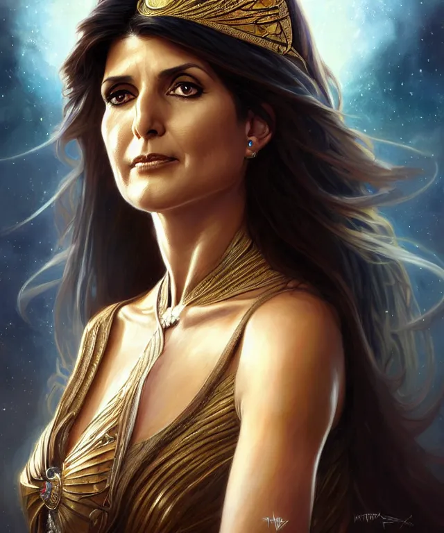 Prompt: Nikki Haley as a fantasy magic woman portrait, sci-fi, amber eyes, face, long hair, fantasy, intricate, elegant, highly detailed, digital painting, artstation, concept art, smooth, sharp focus, illustration, art by artgerm and greg rutkowski and alphonse mucha