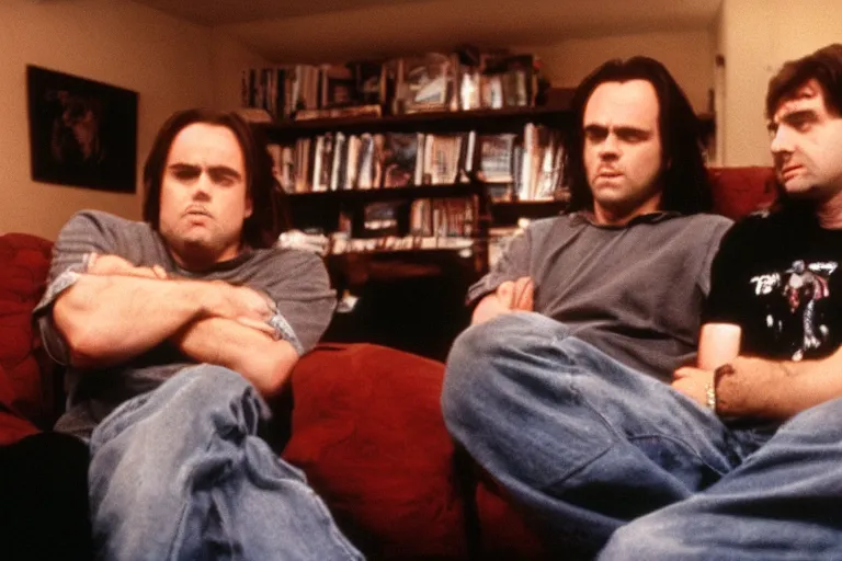 Image similar to RedLetterMedia chilling as they watch The Room, cinematic, 8k