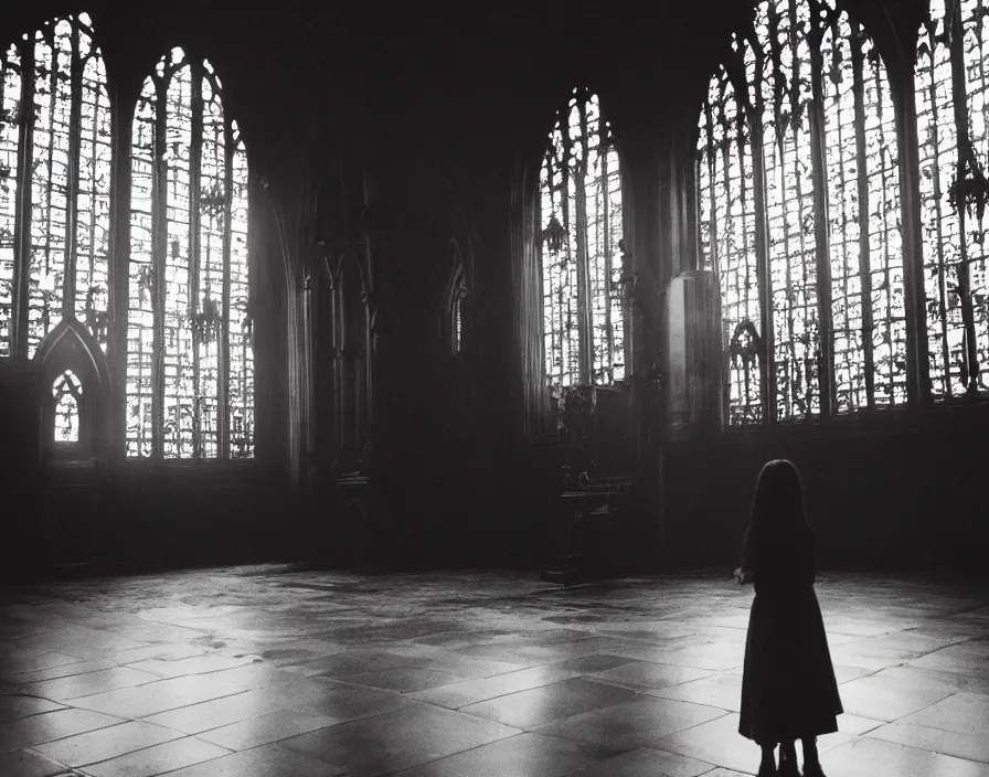 Prompt: a highly detailed unreal engine symmetric portrait of a gothic girl in a richly decorated church with a wet floor and light coming in through the stained windows, bokeh, tilted frame, henry cartier bresson