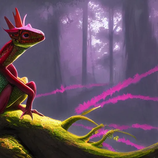 Image similar to concept art painting of an anthropomorphic lizard wearing magenta wizard robes, in the deep forest, realistic, detailed, cel shaded, in the style of makoto shinkai and greg rutkowski and james gurney