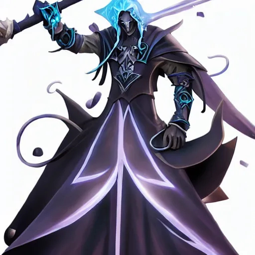 Prompt: Karthus from League of Legends holding a magical staff, laughing, anime art style