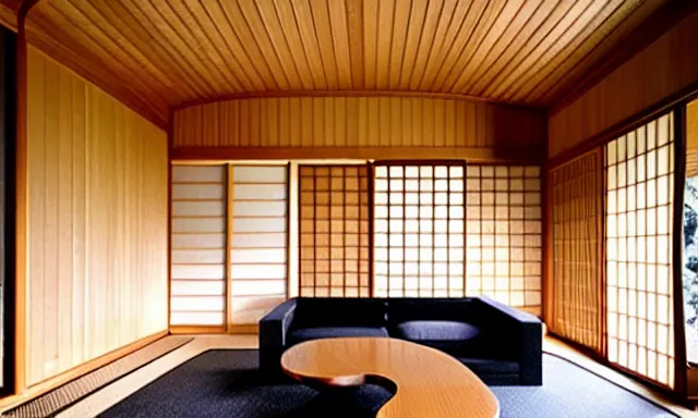 Prompt: luxurious wooden cottage by alvar aalto, modern furnished japanese living room, japanese flower arrangements, coherent composition, extremely detailed furnitures, architecture photography