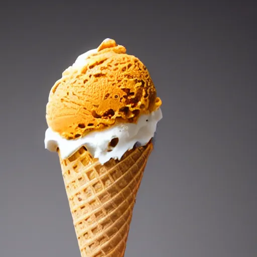 Image similar to an ice cream cone made out of high clarity amber ice, elegant and ornate,