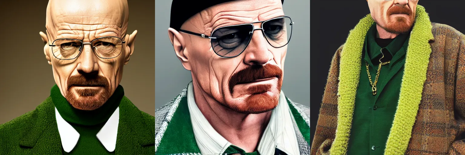 Prompt: Walter White with aviators and a grey beanie while wearing a black turtleneck and plaid green blazer with golden chains around his neck, Realistic, Hyperrealistic, HD Quality, 4k Resolution, 8k Resolution, Detailed, Very Detailed, Highly Detailed, Studio Quality Lighting, Real Life, Portrait, Photograph