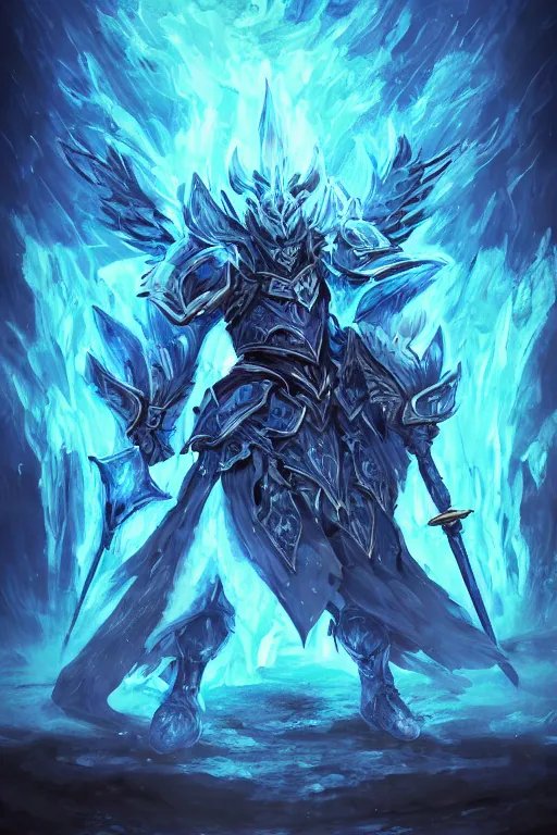 Image similar to anthropomorphic Azure wolf knight, DnD character art portrait, fantasy battleground, raining, blue flame, oil painting, heroic pose, magic the gathering artwork, D&D, fantasy, cinematic lighting, centered, symmetrical, highly detailed, digital painting, artstation, concept art, chromatic aberration, post processing, smooth, sharp focus, illustration, volumetric lighting, epic Composition, 8k, art, DeviantArt, trending on Artstation, Jason Felix, Steve Argyle, Tyler Jacobson, Peter Mohrbacher, Akihiko Yoshida, Greg Rutkowski, Craig Mullins, Frank Frazetta, cinematic lighting