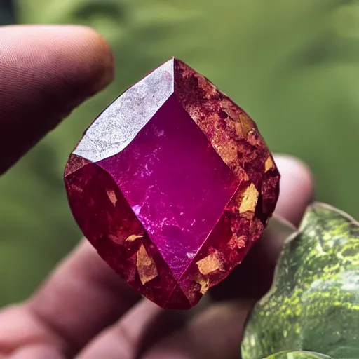 Prompt: a plant with a polished cut ruby gemstone growing from it