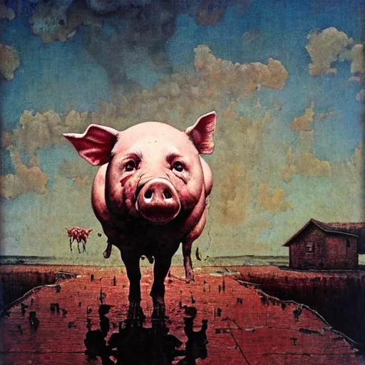 Prompt: a horrifying painting of a gigantic, ominous, floating pig, painted by Norman Rockwell and Beksinski, 4k hd, highly detailed