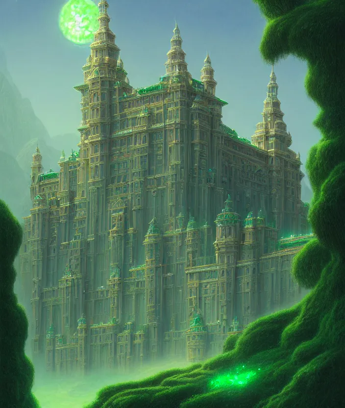 Image similar to a detailed digital painting of a palace made of gleaming emeralds, by moebius and tyler edlin and lee madgwick, trending on artstation, digital art, 4 k resolution, detailed, beautiful render, octane render, high quality, sharp focus, hq artwork, coherent, insane detail, concept art