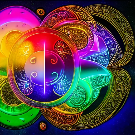 Image similar to rainbowcore, golden yinyang sign glowing, surrounded by lotus, with the sun shining with the moon, with detailed mandala filled with fractals, bioluminescence, glowing runes, de-noise, symmetrical composition, high detailed, super clear, ornate border, 32k immaculate scale, hyper-realistic, Unreal Engine, Octane Render, digital art, trending on Artstation, atmospheric, immaculate