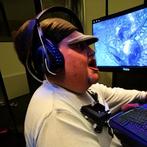 Prompt: obese Frank Miller wearing a headset yelling at his monitor while playing WoW highly detailed wide angle lens 10:9 aspect ration award winning photography