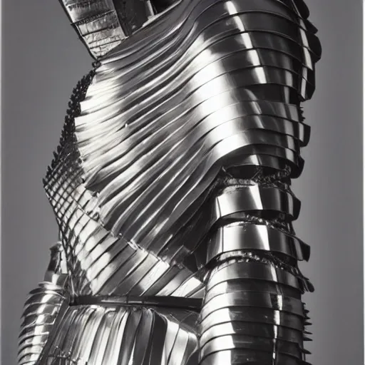 Image similar to a paladin wearing issey miyake armor in the rain, portrait, fashion photography, by martin parr