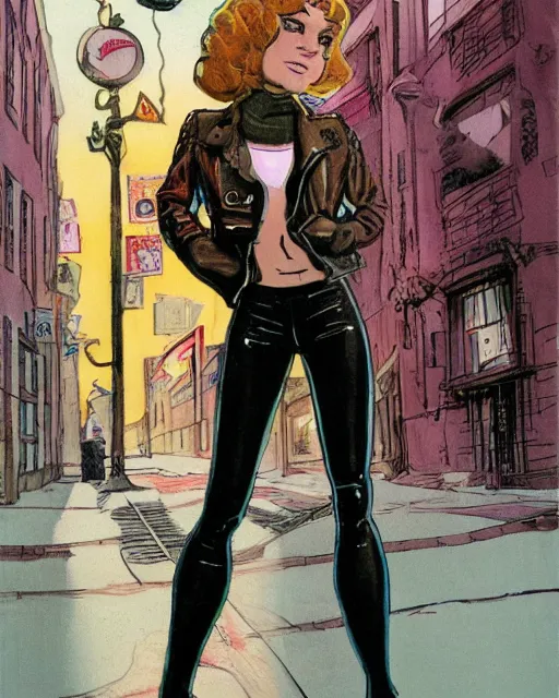 Image similar to young female protagonist in leather jacket, city street, artwork by ralph bakshi