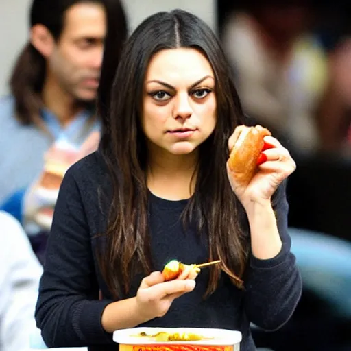 Image similar to mila kunis eating a hot dog with chopsticks, mixed with party clowns