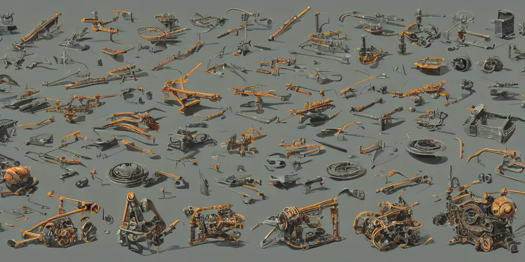 Image similar to collection of exploration of form and shapes, moebius, engine, props, hard surface, panel, simon stalenhag, kitbash, items, gadget, big medium small, close up, vehicles, futuristic, parts, machinery, greebles, insanely detailed, case, hardware, golden ratio, wes anderson color scheme, in watercolor gouache detailed paintings