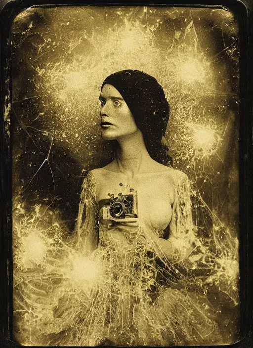 Prompt: old wetplate daguerreotype portrait of the witch, explosion of data fragments, fractal, intricate, elegant, highly detailed, parallax, leica, medium format, subsurface scattering, by jheronimus bosch and greg rutkowski and louis jacques mande daguerre