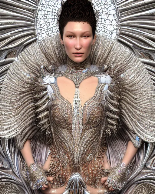 Image similar to a highly detailed metahuman 8 k close up render of bella hadid as surrealism renaissance in iris van herpen dress schiaparelli in diamonds crystals swarovski and jewelry iridescent in style of alphonse mucha gustav klimt trending on artstation made in unreal engine 4