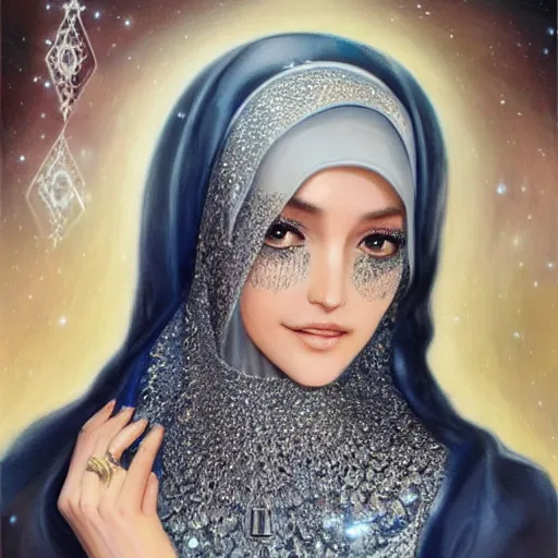 Prompt: a full body beautiful woman rym amari wearing a hijab made of silver with jewelry and diamonds by karol bak, ayami kojima, artgerm, sakimichan, arabian beauty, blue eyes, smile, concept art, fantasy