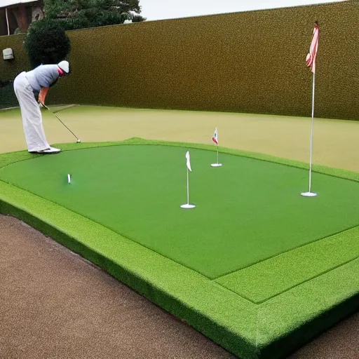 Prompt: a man playing golf in a courtroom on a miniature putting green, court sketch
