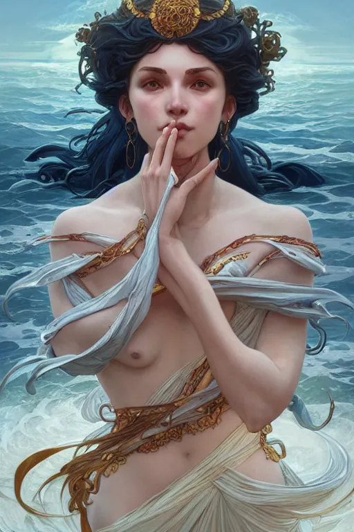 Image similar to goddess of the ocean, accurate anatomy, only two hands, highly detailed, digital painting, artstation, concept art, smooth, sharp focus, illustration, Unreal Engine 5, 8K, art by Artgerm and greg rutkowski and alphonse Mucha