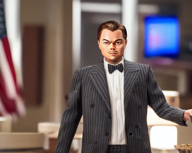 Image similar to leonardo dicaprio as the wolf of wall street, cinamtic, long shot, hyper detailed, hyper realistic face, 8 5 mm photograph, 8 k resolution, film still, sharp lens, wide lens