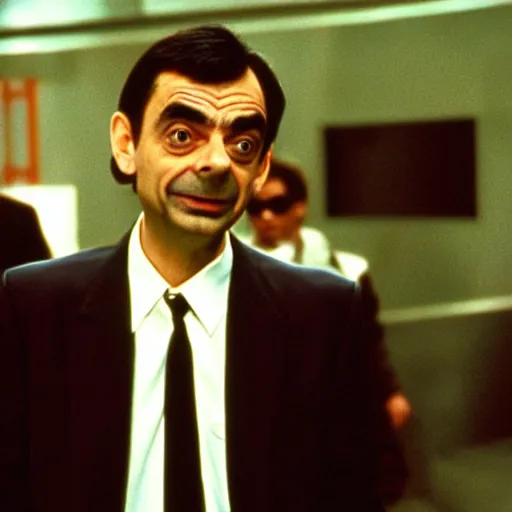 Image similar to a film still of mr bean in resevoir dogs ( 1 9 9 2 )