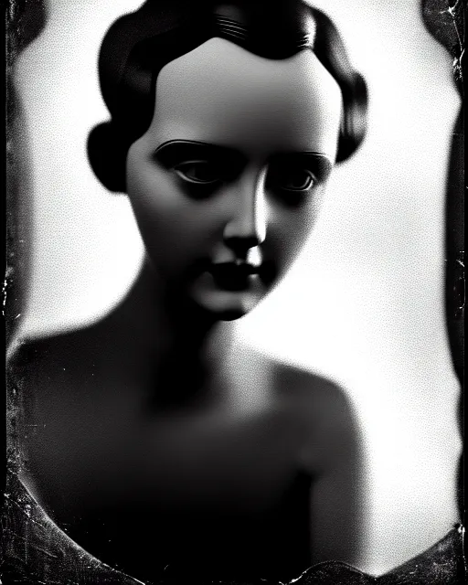 Image similar to tintype black and white dreamy young beautiful female artificial intelligence, metropolis, cinematic, rim light, bokeh, photo - realistic, elegant, high detail, 8 k, masterpiece, photo taken in 1 9 3 0